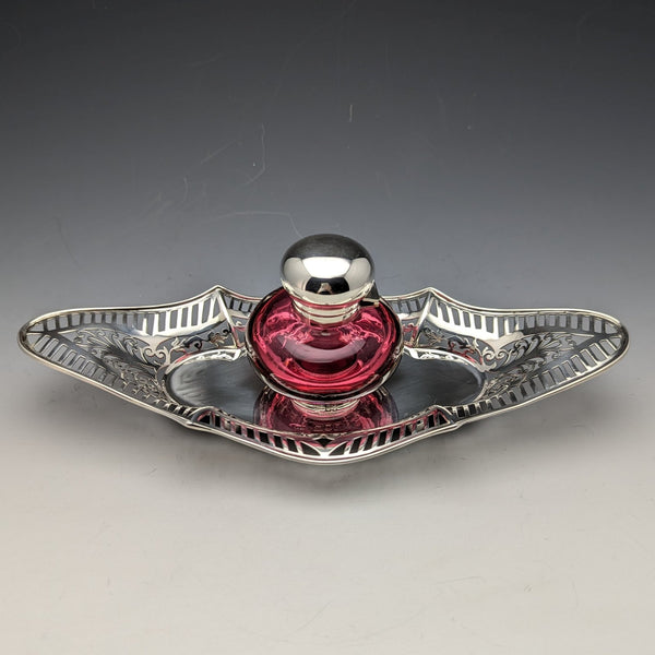 1896 British Antique Sterling Silver Inkwell and Saucer Set Sibray, Hall